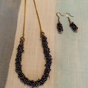 Pretty blue bead and gold necklace with earrings